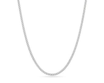 Può includere: Una collana a catena in metallo color argento caratterizzata da un classico design a maglia gourmette. La collana è composta da maglie ovali uniformi e intrecciate che creano un filo liscio, continuo e flessibile con una finitura metallica lucida.