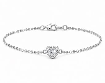 Heart Lab Diamond Bracelet, Bezel Set, Platinum or 18K Gold, Dainty Heart Bracelet, Made to Order Gift for Her