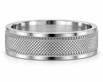 PT950 Platinum Men's Wedding Band, Heavyweight Comfort Fit, 5mm or 6mm, Faceted Milgrain Ring, Clous