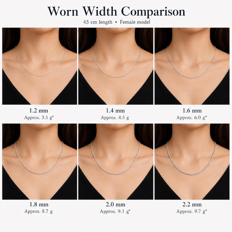necklace width comparison worn on neckline showing different chain thicknesses for scale reference