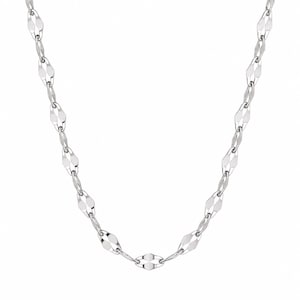 May include: A silver-toned chain necklace featuring a series of elongated, faceted, diamond-shaped links connected by small circular rings. The metallic surface has a polished finish that reflects light, creating a bright, uniform appearance.