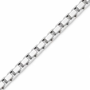 May include: A silver-toned metal chain featuring a series of rectangular, box-shaped links connected in a continuous, repeating pattern. The links have a polished, reflective surface with smooth, rounded edges, creating a uniform and structured design.