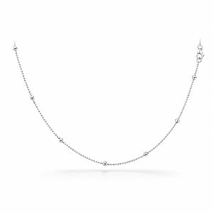 May include: A silver-toned chain necklace featuring a delicate ball bead design. The necklace is composed of small, uniform metallic spheres linked together, with larger, evenly spaced spherical beads integrated along the length of the chain.