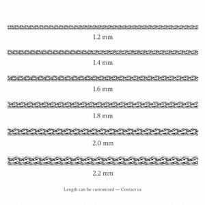 platinum chain width comparison chart showing different thickness options including 1.4mm wheat chain