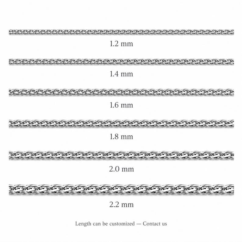 platinum chain width comparison chart showing different thickness options including 1.4mm wheat chain