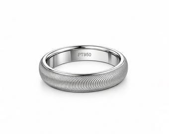 May include: A platinum ring with a textured, ridged surface. The ring has a rounded shape and a polished finish. The interior of the ring is stamped with "PT950". This ring is a piece of jewelry.