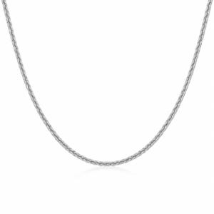 minimalist platinum chain necklace 1.4mm width on white background, fine wheat chain design