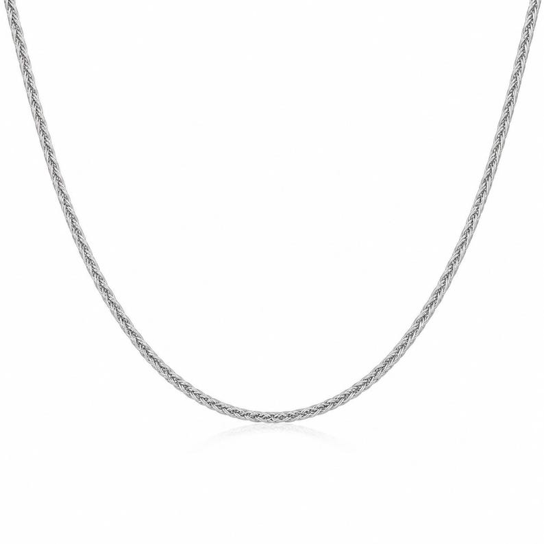 minimalist platinum chain necklace 1.4mm width on white background, fine wheat chain design