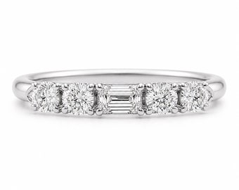 Five Stone Lab Diamond Band, 18K Gold or Platinum Ring, F VS Emerald Cut Centre, 0.43ct Anniversary Ring
