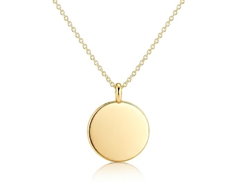 Personalised 18K Yellow Gold Disc Pendant, Engraved Round Necklace, Initial or Date Jewellery, Optional Gold Cable Chain