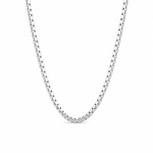 May include: A silver-toned box chain necklace featuring a series of interconnected square-shaped links. The metallic chain has a polished, reflective surface and is arranged in a U-shape, showcasing the uniform, repeating pattern of the box link design.