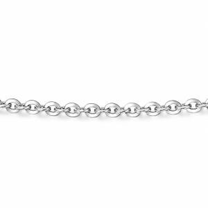 May include: A silver-toned metal chain necklace featuring a series of uniform, oval-shaped links connected in a continuous horizontal line. The polished surface of each individual link reflects light, creating a bright, metallic appearance throughout.