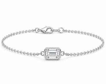 PT950 Platinum Emerald Cut Lab Diamond Bracelet | 0.50ct Bezel Set Solitaire | Fine O Chain Gift