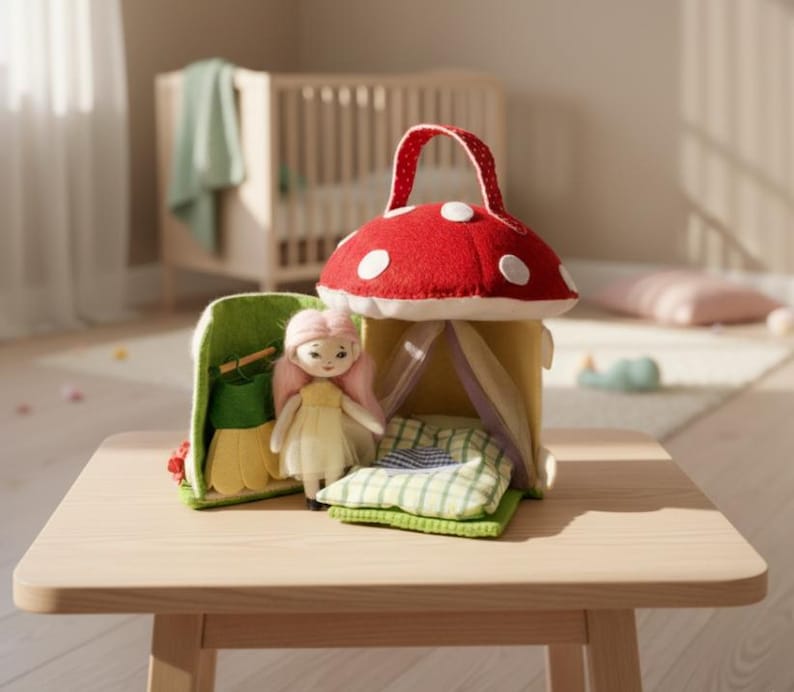 May include: A whimsical toy set featuring a red mushroom house with white polka dots, a doll with pink hair, and a green felt carrying case. The set includes a small bed with a green and white checkered pillow. The toys are displayed on a light wood table.