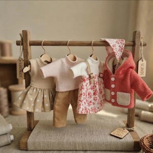May include: A wooden clothing rack displays miniature doll clothes. A beige dress with white polka dots, a pink sweater and brown pants, and a floral print dress with a white top are visible. A red hooded jacket with white buttons and a matching bonnet complete the set. Tags read "HANDMADE" and "SCANDI".