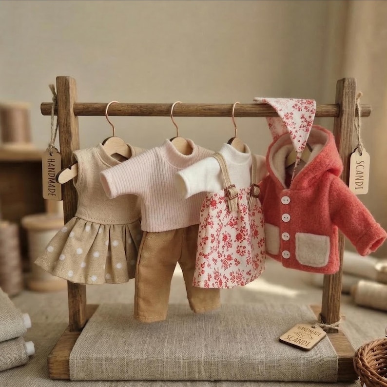 May include: A wooden clothing rack displays miniature doll clothes. A beige dress with white polka dots, a pink sweater and brown pants, and a floral print dress with a white top are visible. A red hooded jacket with white buttons and a matching bonnet complete the set. Tags read "HANDMADE" and "SCANDI".