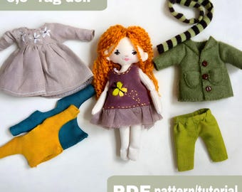Patrón para mini muñeca de trapo - Tutorial de costura en PDF para muñeca de trapo de 14 cm - Armario para muñeca - Conjunto de ropa para muñeca DIY - Ropa para muñeca DIY - Muñeca de tela DIY