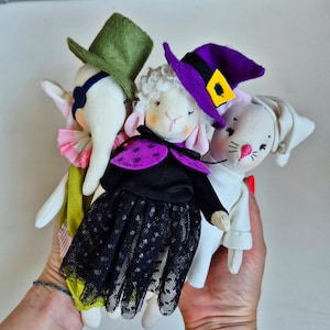 Halloween Plush Doll Sewing Pattern Set: Ghost Cat, Witch Lamb, Clown Elephant (PDF Tutorial)