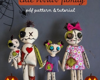 Lindo patrón de costura de muñeco de familia vudú: patrón y tutorial en PDF fáciles para muñecos hechos a mano, decoración de Halloween