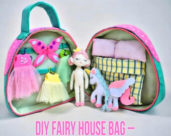 Patrón de costura de fieltro para casa de muñecas de hadas: bolso de fieltro DIY con unicornio, princesa hada, cama y armario. Idea de regalo hecha a mano. Tutorial en PDF.