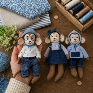 Puede incluir: Tres muñecos de mono hechos a mano vestidos con atuendos de mezclilla y azul claro. Uno lleva gorro y gafas, otro un vestido de mezclilla y el tercero una sudadera con capucha. Los muñecos están sobre una superficie de madera con materiales de costura.