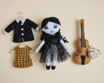 Wednesday Felt Doll Sewing Pattern: DIY 5" Doll with Cello & Outfits (PDF Tutorial