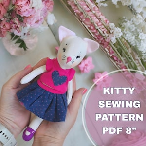 Patron de couture chaton mignon - Tutoriel PDF pour peluche de 20 cm - Bricolage animal en peluche - Modèle de poupée de chiffon chat - Projet facile pour débutant, vêtements pour poupées