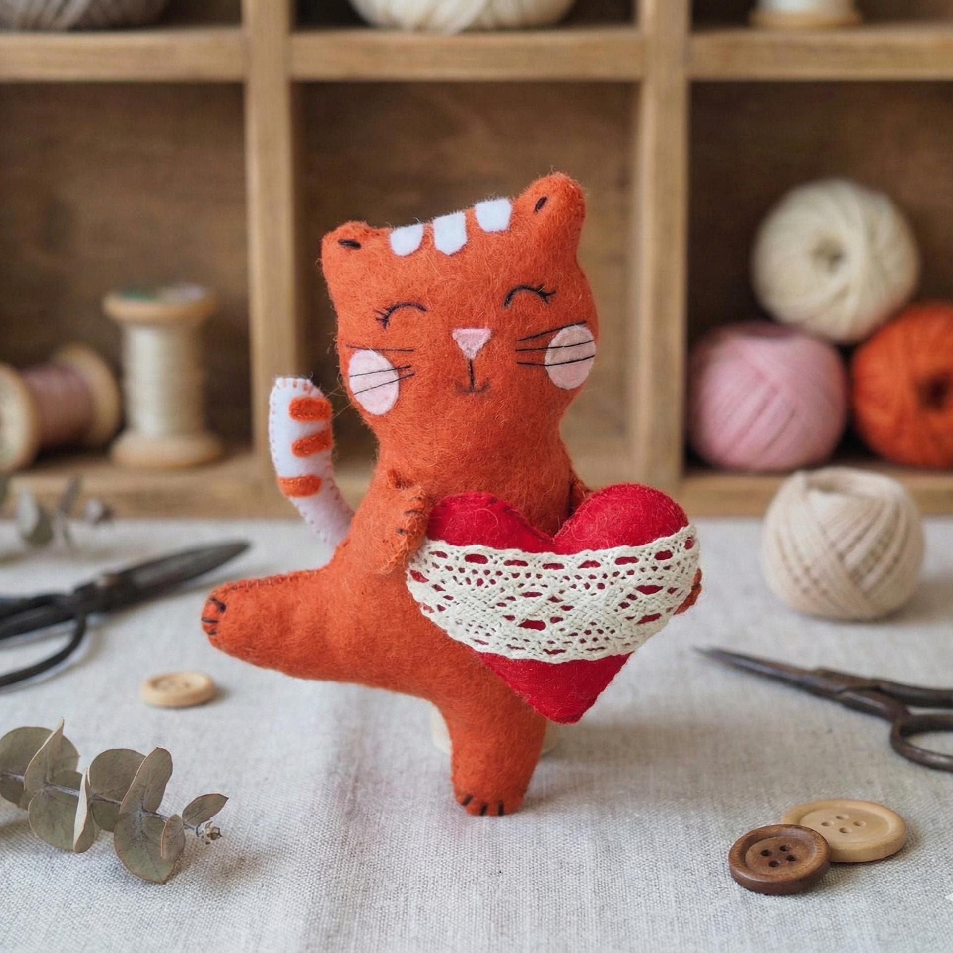 フェルト猫の裁縫パターンPDF – ハートのぬいぐるみ付きバレンタイン猫