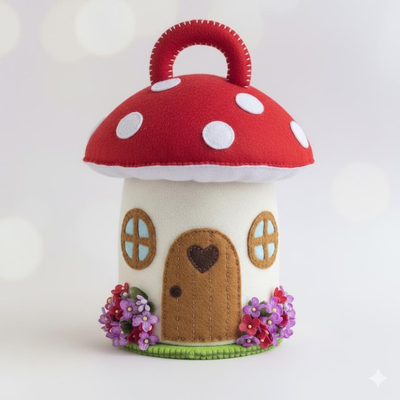 May include: A whimsical mushroom-shaped decorative item. The red felt cap features white polka dots and a handle. The white base has a brown door with a heart, two windows, and is adorned with purple and red flowers. A charming, handcrafted piece.