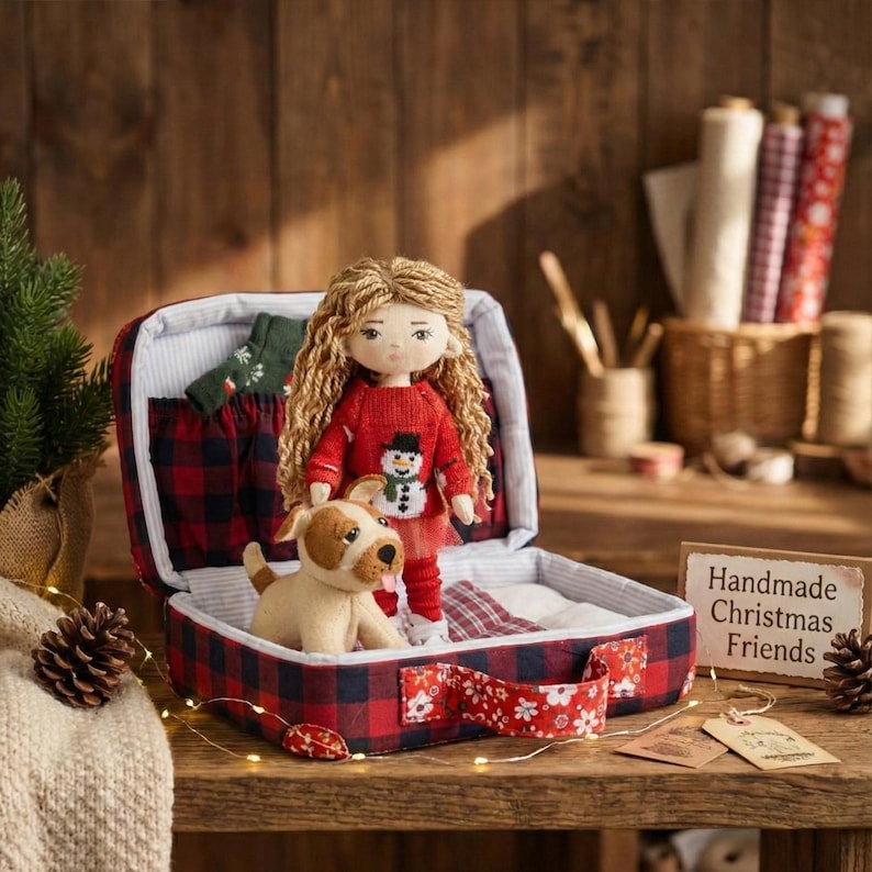 Peut inclure: Une poup&eacute;e de No&euml;l faite &agrave; la main avec de longs cheveux blonds, v&ecirc;tue d'un pull rouge avec un motif de bonhomme de neige, se tient dans une valise &agrave; carreaux rouges et noirs. Un chien en peluche est assis &agrave; c&ocirc;t&eacute; de la poup&eacute;e.