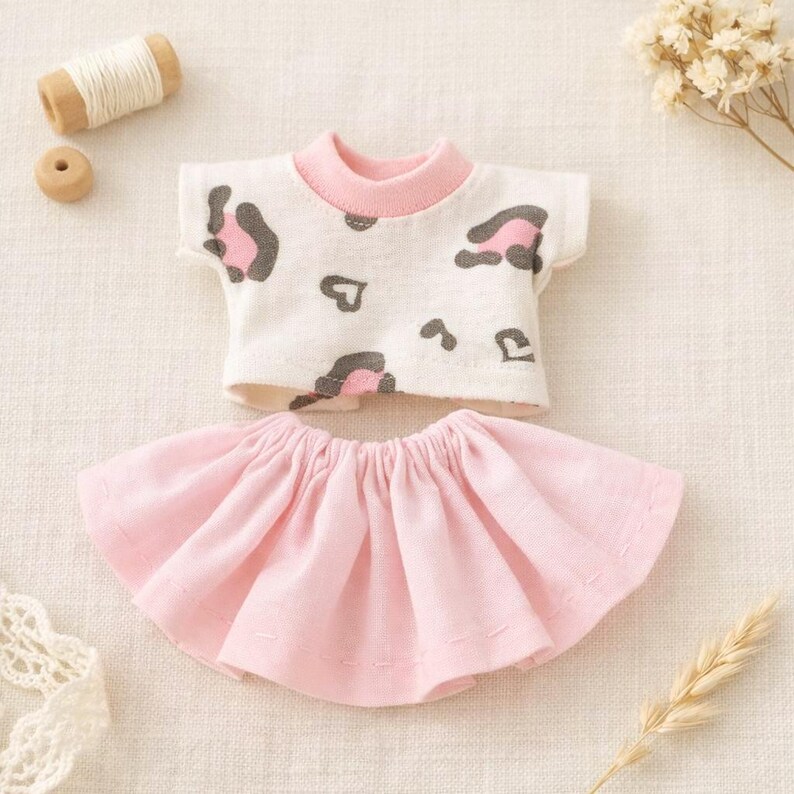 May include: A doll-sized outfit featuring a white t-shirt with pink and gray leopard print and a pink skirt. The t-shirt has a pink collar and short sleeves. The skirt is a gathered style. The outfit is designed for a doll.