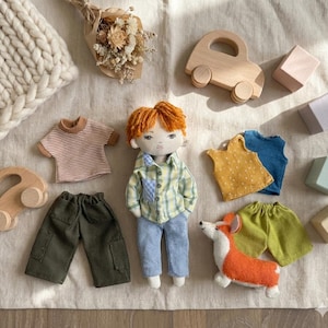 Rag Boy Doll 7.5" Sewing Pattern: Clothes and Corgi, Movable Arms (PDF Download)
