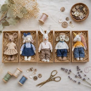 Può includere: Cinque bambole di animali di peluche fatte a mano, tra cui un topo, una pecora, un coniglio, una scimmia e un unicorno, ciascuna in una piccola scatola. Le bambole sono vestite con vari abiti. Forniture per cucire, tra cui rocchetti di filo, bottoni e forbici, sono disposte attorno alle scatole.
