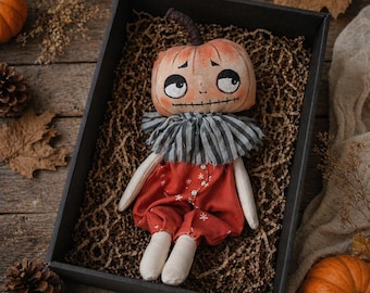 Pumpkin Rag Doll Sewing Pattern PDF, Halloween Doll with Dress and Jumpsuit