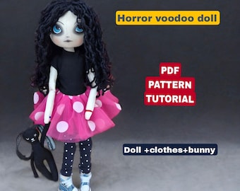 Horror Voodoo Doll Sewing Pattern: Gothic Rag Doll DIY (12") with Bunny & Clothes Tutorial