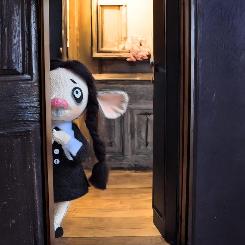 May include: A handcrafted fabric doll with a pale face, large dark eyes, and a pink nose, wearing a black dress with a white collar and cuffs. The doll features dark hair styled in two long braids and is positioned peeking from behind a dark door frame.