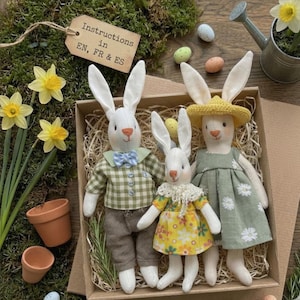 May include: Three fabric Easter bunny dolls in a box, each with a unique outfit. One wears a green checked shirt and brown trousers, another a yellow floral dress, and the third a green dress and yellow hat. The box is surrounded by moss, flowers, and Easter eggs.