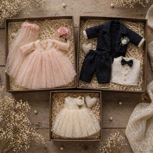 Puede incluir: Tres cajas decorativas con atuendos de boda en miniatura. Una caja contiene un vestido de tul rosa, un velo y una rosa. Otra caja contiene un traje azul marino y un chaleco blanco con pajarita. La tercera caja tiene un vestido de encaje crema.