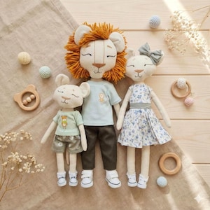 Patron de couture pour poupée de chiffon de la famille Lion : vêtements et tutoriel vidéo (PDF)