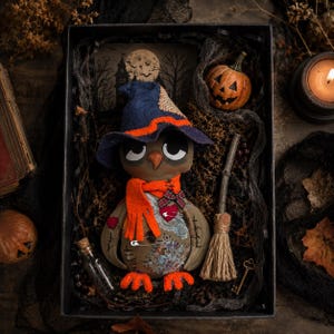 May include: A plush owl doll wearing a blue witch hat with orange trim and a bright orange scarf. The owl features stitched patches, a small red heart, and a safety pin. Included in the box are a miniature broom, a small pumpkin, and a glass vial.
