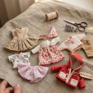 May include: A collection of miniature doll clothes, including dresses, skirts, a sweater, pants, and a hooded jacket. The garments are in various colors, such as beige, pink, and red, with floral and polka dot patterns. A spool of thread and scissors are also present.