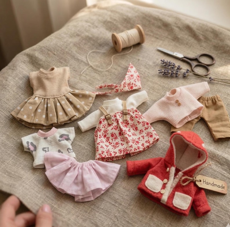 May include: A collection of miniature doll clothes, including dresses, skirts, a sweater, pants, and a hooded jacket. The garments are in various colors, such as beige, pink, and red, with floral and polka dot patterns. A spool of thread and scissors are also present.