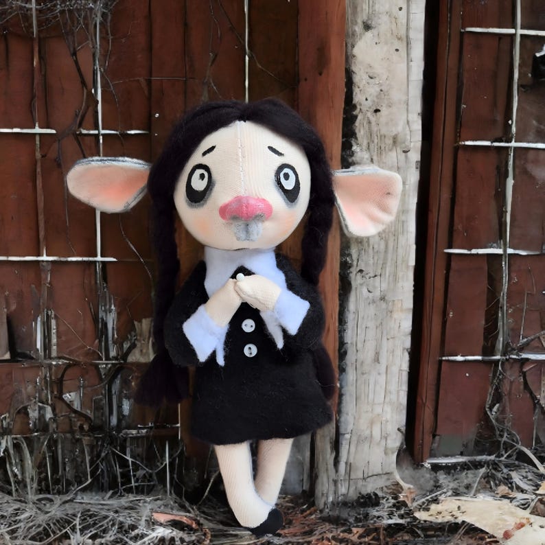 May include: A handmade doll with a pale face, large dark eyes, a pink nose, and two long black braided pigtails. The doll wears a black dress with a white collar and white cuffs, featuring two small white buttons on the front and large ears.