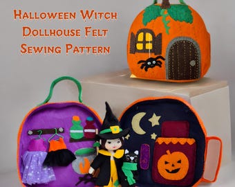 Patrón de costura de fieltro para casa de muñecas de bruja de Halloween: bolsa de calabaza DIY con una adorable bruja, gato, disfraces y muebles. Patrón en PDF + tutorial.
