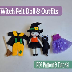Felt Witch Doll Sewing Pattern: DIY Halloween Craft with Cat and Outfit
