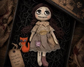 Halloween Attic Doll Katiana Sewing Pattern PDF, 10 Inch Cloth Doll with Felt Cat