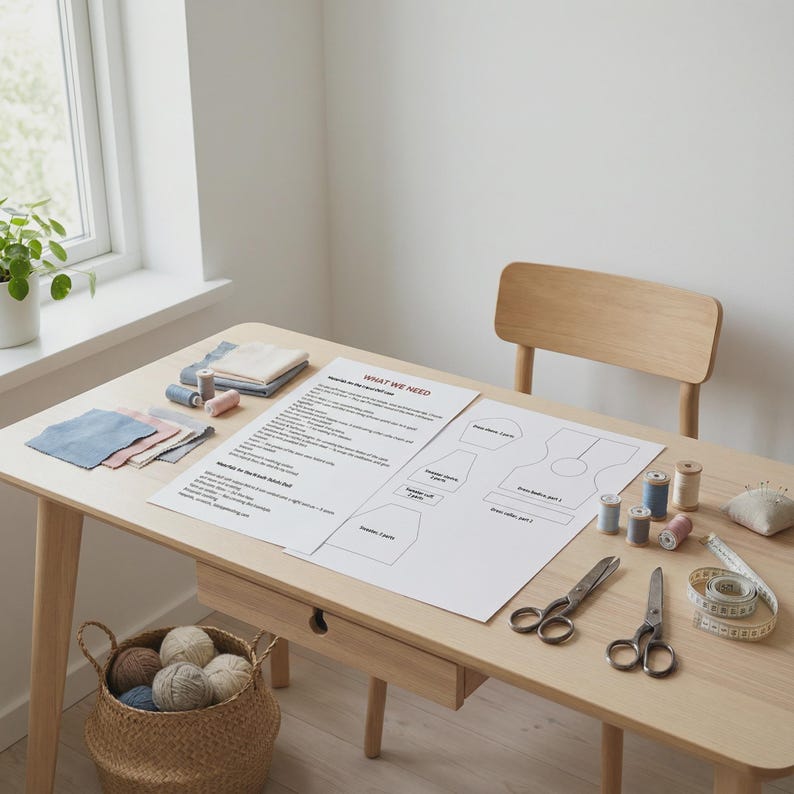 Peut inclure: Une table en bois clair avec des fournitures de couture, notamment des &eacute;chantillons de tissu, des bobines de fil, des ciseaux et un m&egrave;tre ruban. Des patrons et des instructions de couture sont pos&eacute;s. Un panier de laine est au premier plan.