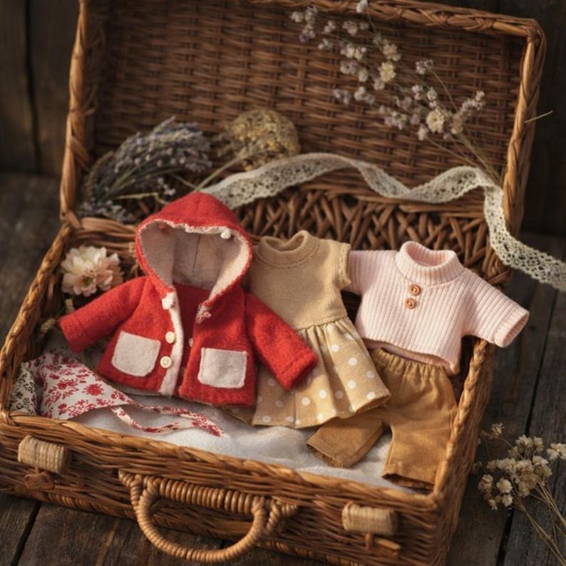 May include: A wicker basket holds a collection of miniature doll clothes. A red hooded jacket with white pockets and a beige lining sits next to a tan dress with white polka dots, and a pink sweater with brown pants. Floral accents complete the scene.