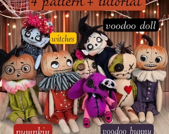 Halloween Rag Doll Pattern Bundle: Voodoo Doll, Pumpkin, Witch, Bunny (PDF Tutorials)