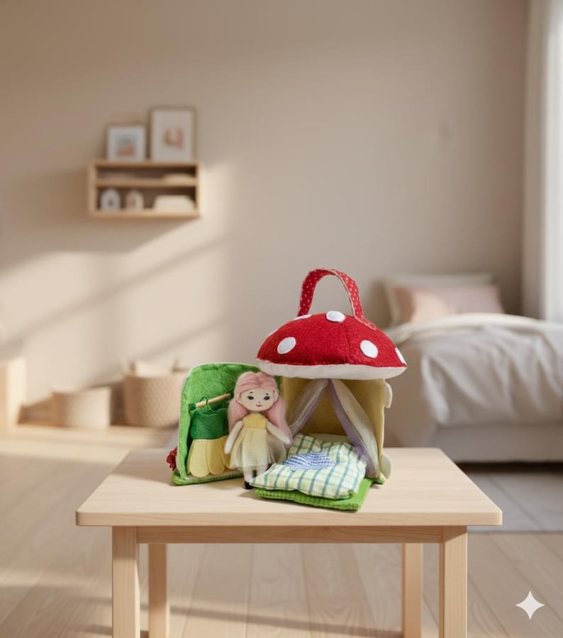 May include: A whimsical felt mushroom house with a red cap and white spots, a green felt bag, and a doll with pink hair and a yellow dress. The set includes a small bed with a green and white checkered blanket.